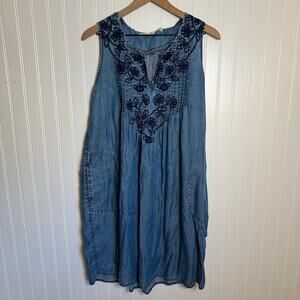 Soft Surroundings Embroidered Denim Sleeveless Dress With Pockets Women’s M